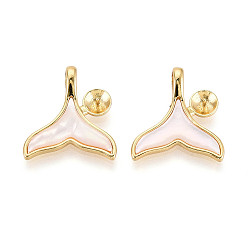 Белый Латунные подвески-булавки с эмалированными чашечками из жемчужин, русалка русалки, за половину пробурено бисера, реальный 18 k позолоченный, белые, 18.5x17.5x4.5 мм, отверстие : 4~4.5 мм