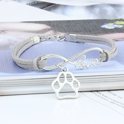 Светло-серый Браслеты с подвесками в виде бесконечности, отпечатка лапы и слова «любовь» из сплава с замшевым шнуром, платина, светло-серый, 6-3/4 дюйм (17 см)