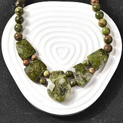 Унакит Натуральные унакитовые граненые нагрудные градуированные бусины ожерелья для женщин, из нержавеющей стали застежками омаров, цвет нержавеющей стали, 19.09 дюйм (48.5 см)