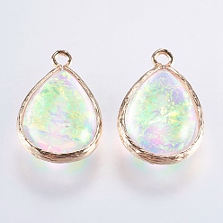 Light Green Resin Pendants, with Brass Findings, teardrop, Light Gold, Light Green, 22~23x14.5~15x7~7.5mm, Hole: 1~1.5mm