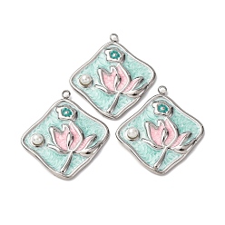 Rhombus 304 нержавеющей стальной эмали подвески, с абс пластмассовыми жемчужными бисером, цветок, ромб, 30.5x28.5x4.5 мм, отверстие : 1.8 мм