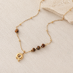 Letter Q Collares con colgante de alfabeto de acero inoxidable con ojo de tigre natural facetado europeo, dorado, letra q, 304 pulgada (18.90 cm)