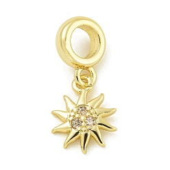 Настоящее золото 18K Стойка покрытие латунь паве прозрачный кубический цирконий солнце европейские подвески, Подвески с большими отверстиями, без свинца и без кадмия, долговечный, реальный 18 k позолоченный, 12.5x10x1.8 мм, отверстие : 4.6 мм