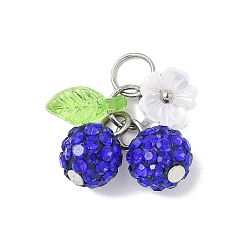 Синий Подвески-вишни из полимерной глины ручной работы со стразами, с железными штифтами с плоской головкой, латунными штифтами с шаровидной головкой, прозрачными акриловыми подвесками, колпачками из искусственного жемчуга и 304 соединительными кольцами из нержавеющей стали, синие, 18 мм, отверстие : 4.5 мм