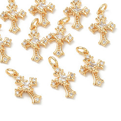 Real 18K Gold Plated SHEGRACE Brass Micro Pave Cubic Zirconia Pendants, Cross Charm, Cadmium Free & Nickel Free & Lead Free, Clear, Real 18K Gold Plated, 13x9x4mm, Hole: 2.5mm