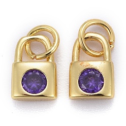 Medium Purple Brass Micro Pave Cubic Zirconia Pendants, Long-Lasting Plated, Golden, with Jump Rings, Lock, Medium Purple, 9x6x2.5mm, Hole: 3mm