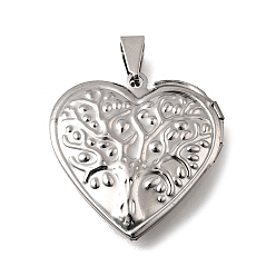 Нержавеющая Сталь Цвет 316 подвески из нержавеющей стали Locket, с 201 защелкивающимися дужками из нержавеющей стали, подвесками-рамками для фотографий из нержавеющей стали, сердце с рисунком дерева, цвет нержавеющей стали, 29x28.5x7.5 мм, отверстие : 8x4 мм, внутренний диаметр: 16.5x21 мм