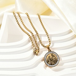 Настоящее золото 18K 201 цепочка из нержавеющей стали с микропаве из прозрачного кубического циркония, плоская круглая подвеска для мужчин, реальный 18 k позолоченный, 23.58 дюйм (59.9 см)