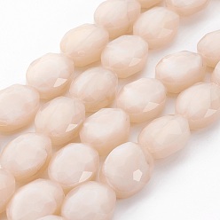 Antique White Pearl Luster Plated Glass Bead Strands, Faceted Oval, Antique White, 16x12x7~7.5mm, Hole: 1mm, about 24pcs/strand, 15 inch