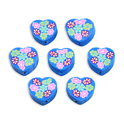 Azul Royal Abalorios de la arcilla de polímero hechos a mano, corazón con la flor, azul real, 9x10x4.5 mm, agujero: 1.2 mm