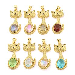 Mixed Color Rack Plating Brass Micro Pave Clear Cubic Zirconia Pendants, with Glass, Long-Lasting Plated, Cadmium Free & Lead Free, Cat Shapes Charms, Mixed Color, 30.5x13x6mm, Hole: 4x3.5mm