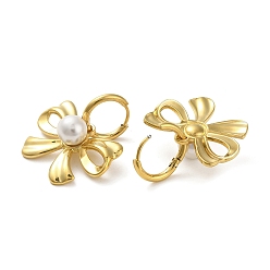 Real 18K Gold Plated Stainless Steel Shell Pearl Earrings, Bowknot, Real 18K Gold Plated, 31x28mm