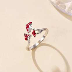 Platinum Brass Enamel Cuff Open Rings for Women, Mushroom, Platinum, 10.8mm, Inner Diameter: 18.2mm