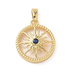 Настоящее золото 18K Латунные микро проложить кубического циркония подвески, плоские круглые с солнцем, реальный 18 k позолоченный, 20x17x4 мм, отверстие : 4x3 мм