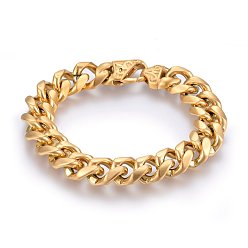 Matte Gold Color Ion Plating(IP) 304 Stainless Steel Curb Chains Bracelets, with Lobster Claw Clasps, Matte Gold Color, 8-5/8 inch(22cm), 15x6mm