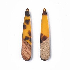 Goldenrod Resin & Walnut Wood Pendants, Teardrop, Goldenrod, 44x7.5x3.5mm, Hole: 1.5mm
