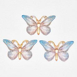 Colorful Transparent Acrylic Pendants, with Plated Bottom, Butterfly, Colorful, 23x38x5mm, Hole: 1.2mm
