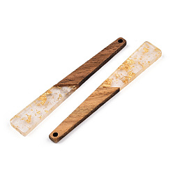 Золотистый Большие подвески из прозрачной смолы и орехового дерева, золотой фольгой, трапециевидный шарм, золотые, 69.5x10.5x3.5 мм, отверстие : 2 мм