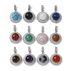 Смешанные камни Природные и синтетические смешанные подвески драгоценных камней, плоские круглые подвески из латуни с платиновым покрытием, стойки покрытие, долговечный, смешанные окрашенные и неокрашенные, 35.5x22.5x15.5~16 мм, отверстие : 8x4 мм