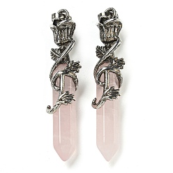 Розовый Кварц Натуральный розовый кварц ограненный двойной конечный заостренный большой кулон, Подвески в виде шестиугольной призмы с розой в оболочке из сплава, античное серебро, 59.5x14x10.5 мм, отверстие : 6.5x4.5 мм