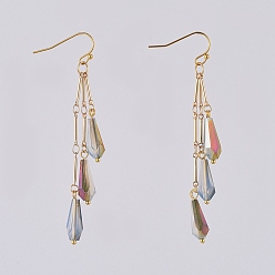 (932FM) Темно-синий аква-матовый с подкладкой Гальваническая непрозрачная сплошная капля, стеклянные бусины болтаются серьги, с цепочками из латунных звеньев и крючками для сережек, реальный 18 k позолоченный, темно-золотистые, 72 мм, штифты : 0.7 мм