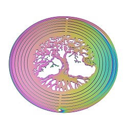 Rainbow Color 201 подвески из нержавеющей стали, гравированные металлические украшения, плоский круглый со ссылкой на древо жизни, Радуга цветов, 100x0.3 мм, отверстие : 2 мм