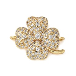 Настоящее золото 18K Шармы-соединители из латуни с микропаве из прозрачного кубического циркония, клевер, без кадмия и без свинца, долговечный, стойки покрытие, реальный 18 k позолоченный, 16.5x20x4.5 мм, отверстие : 1 мм