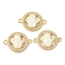 Настоящее золото 18K Покрытие стойки латунное микро-паве прозрачное кольцо из кубического циркония с подвесками для ручного соединителя хамса, с синтетическим опалом, долговечный, без свинца и без кадмия, реальный 18 k позолоченный, 15x22x3 мм, отверстие : 2 мм