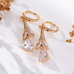 Золотой Серьги с застежкой-защелкой из латуни с прозрачным фианитом и прозрачным фианитом, долговечный, стойки покрытие, без свинца и без кадмия, слеза, золотые, 36x9 мм