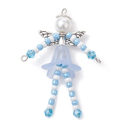 Light Sky Blue Glass Seed & Acrylic Pearl Beaded Big Pendants, with Alloy Fairy Wing & 304 Stainless Steel Findings, Angel Charms, Light Sky Blue, 52x40x18mm, Hole: 1.6mm