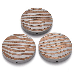 Серебро Расписные бусы из натурального дерева, лазерная гравировка, плоский круглый с зеброй, серебряные, 30x5 мм, отверстие : 1.6 мм