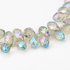 Средний Аквамарин Стеклянные бусины с гальваническим покрытием , сверху просверленные бусы, Грановитая Teardrop, с полным покрытием цвета радуги, средний аквамарин, 13x8 мм, отверстие : 0.8 мм, около 98 шт / нитка, 20 дюйм