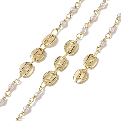 Golden Rack Plating Brass Coffee Bean Link Chains, with Plastic Pearl Beaded, Unwelded, with Card Paper, Golden, 10.5~11x3mm