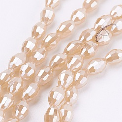 Navajo White Electroplate Glass Beads Strands, Full Pearl Luster Plated, Faceted, Oval, Navajo White, 6x4mm, Hole: 1mm, about 72pcs/strand, 16 inch