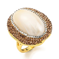 Golden Natural Shell Oval Open Cuff Ring with Rhinestone, Brass Ring for Women, Golden, US Size 9(18.9mm)