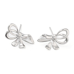 Platinum Brass Studs Earrings, Long-Lasting Plated, Lead Free & Cadmium Free, Bowknot, Platinum, 13x22mm