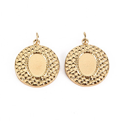 Настоящее золото 14K 304 Настройки кабошон из нержавеющей стали кулон, с прыжковых колец, текстурированный плоский круглый, реальный 14 k позолоченный, лоток : 8x6.5 мм, 17.5x15x2.5 мм, Перейти кольцо: 3.8x0.5 мм, 2.8 мм внутренним диаметром