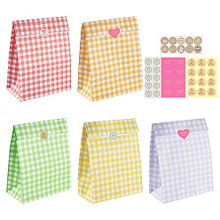 Mixed Color 20Pcs 5 Colors Rectangle with Tartan Pattern Paper Bags, No Handle, for Gift & Food Bags, with 4 Styles Self-Adhesive Kraft Paper Gift Tag Stickers, Mixed Color, Bag: 23x15x0.1cm, 4pcs/color