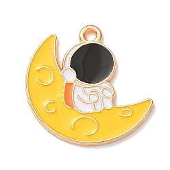 Gold Alloy with Enamel Pendants, Astronaut & Moon Charms, Golden, Gold, 21.5x22.5x1mm, Hole: 1.6mm