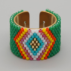 Средний Морско-зеленый Регулируемые манжеты в стиле бохо 304 из нержавеющей стали и стеклянных бусин, ромб, средний морской зеленый, внутренний диаметр: 20 мм