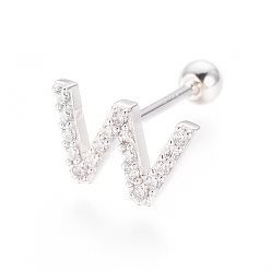 Letter W Boucles d'oreilles en argent sterling plaqué rhodium, micro pavé, zircone cubique transparente, haltère, cartilage, letter.w, 925mm, pin: 6x10x1.5 mm