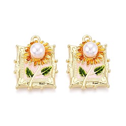 Light Gold Стойки обшивки сплава эмали подвески, прямоугольник и цветок, с ABS имитации жемчуга, золотой свет, 27x20x9 мм, отверстие : 1.8 мм