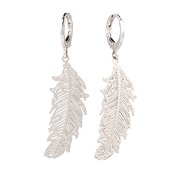 Platinum & Stainless Steel Color 304 Stainless Steel Leverback Earrings, with Brass Feather Pendants, Platinum & Stainless Steel Color, 1-7/8 inch(47mm), Pin: 0.8mm