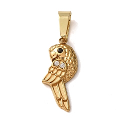 Black 304 Stainless Steel Micro Pave Cubic Zirconia Pendants, Bird Charms, Ion Plating(IP), Golden, Black, 18x7.5x2mm, Hole: 6x2.5mm
