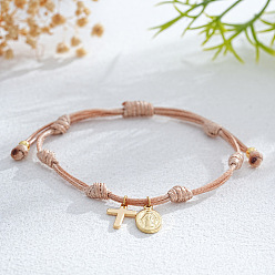 Цвет Древесины Латунь шарм браслеты, регулируемые плетеные браслеты из нейлонового шнура для женщин, крест и овал с девой марией, золотые, деревесиные, регулируемый
