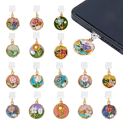 (52) Непрозрачная лаванда 16шт 16 стили ПВХ мобильные пылезащитные заглушки, с эмалевым сплавом и подвесками из АБС-жемчуга, плоские круглые с цветочным узором, золотые, разноцветные, 48 мм