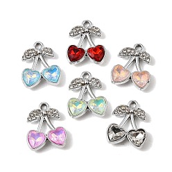 Platinum Alloy Rhinestone Pendants, Cherry Charms, with Glass, UV Plating, Mixed Color, Platinum, 18.5x15x4mm, Hole: 1.8mm