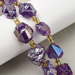 Индиго Гальванизированные нити из необработанных натуральных аметистов, с бисером, самородки, индиговые, 13~20x12~14.5x11~14 мм, отверстие : 1.2~1.4 мм, около 9 шт / нитка, 6.89''~7.09'' (17.5~18 см)