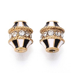 Черный 304 из нержавеющей стали бусы, с эмалью и горный хрусталь, реальный 14 k позолоченный, баррель, чёрные, 10.5x8.5 мм, отверстие : 1.2~1.6 мм