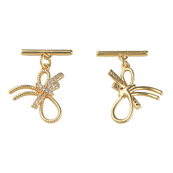 Real 18K Gold Plated Brass Micro Pave Clear Cubic Zirconia Toggle Clasps, Nickel Free, Flower, Real 18K Gold Plated, 25mm, Hole: 1.2mm, Flower: 20x16.5x4mm,
